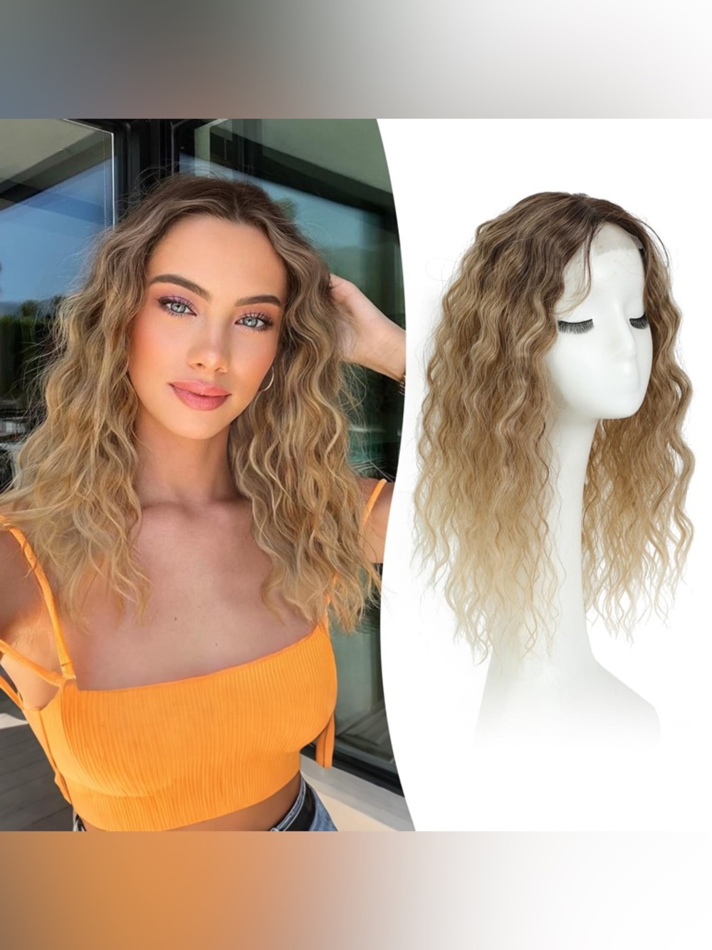 Hair Topper Dark Root Ombre Blonde Curly Clip In Topper for Thinning Hair
